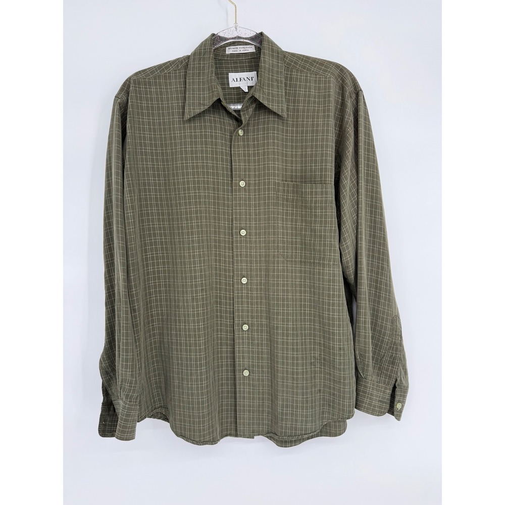 Alfani Mens S Olive Green Grid Print Rayon Blend Long Sleeve Button Down Shirt